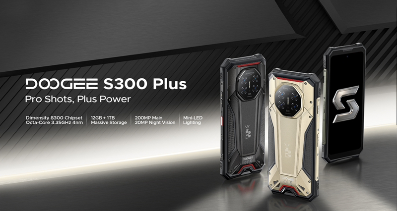 دوغي إس٣٠٠ بلس هو هاتف موثوق يعتمد على Dimensity 8300، مزود بذاكرة تخزين سعة ١ تيرابايت وإضاءة خلفية قابلة للتعديل Mini‑LED.