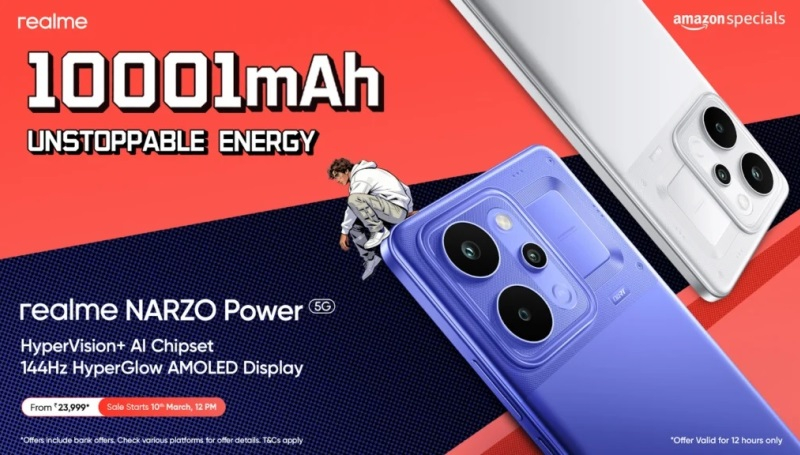 أصدر Realme هاتف Narzo Power 5G المزود ببطارية سعة 10 001 مللي أمبير في الساعة وسعره 305 دولارات.